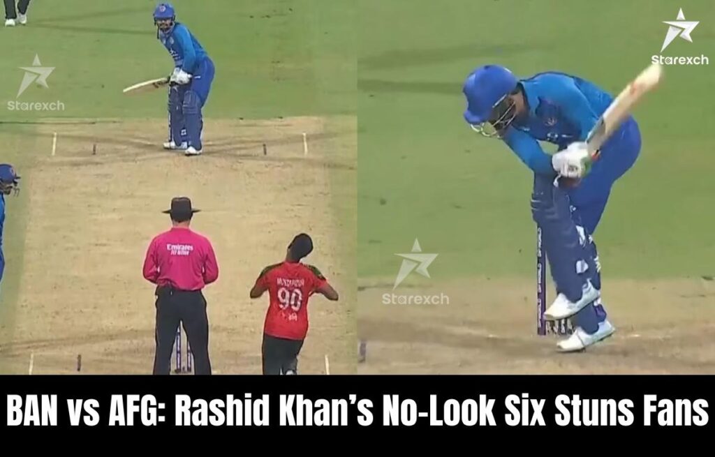 Rashid Khan’s No-Look Six stuns fans during BAN vs AFG match, capturing a stunning moment of skill and confidence on the field.